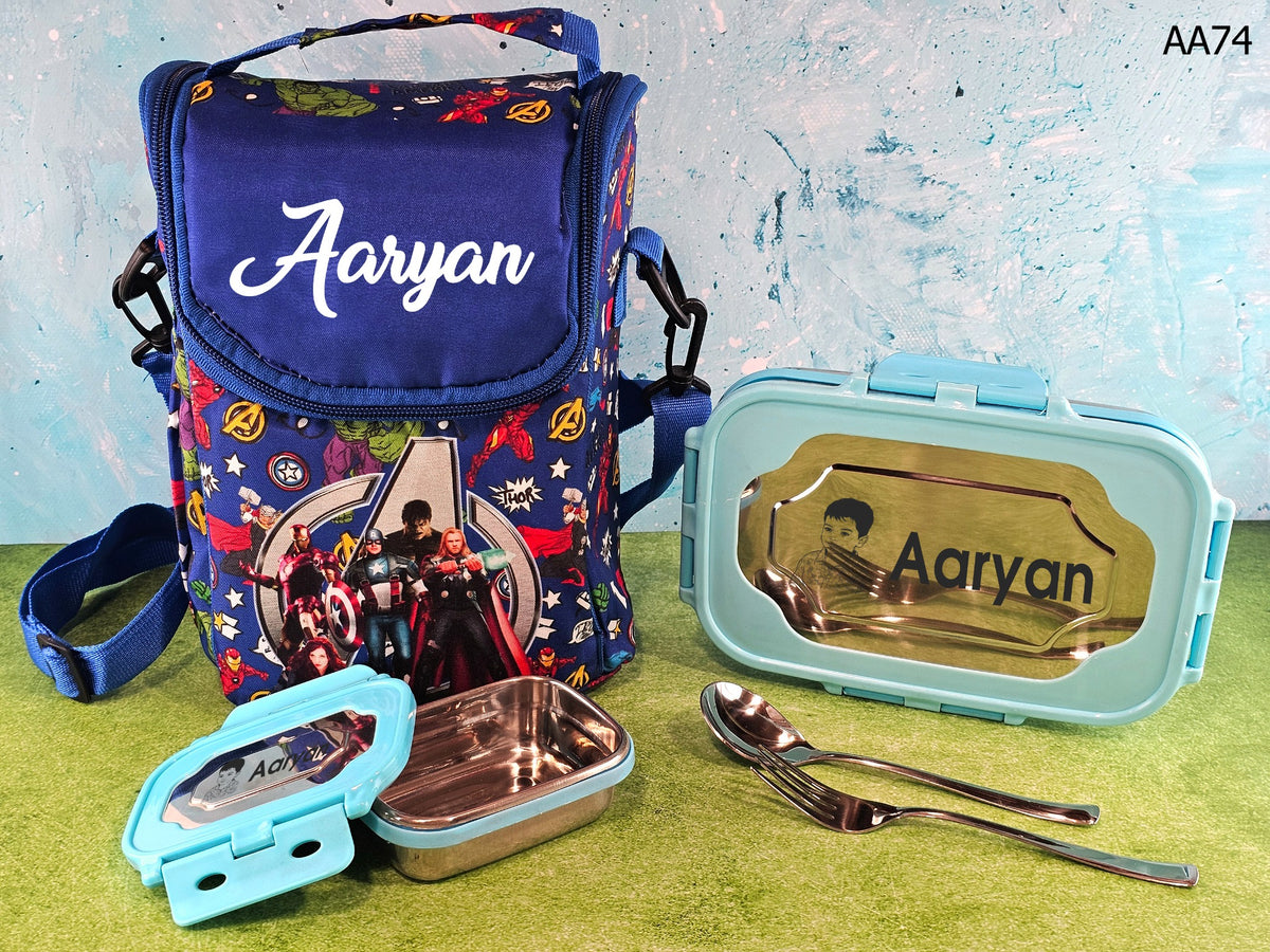 AA74 personalised kids lunchbox, lunch bag and cutlery combo – design A