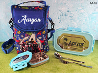 AA74 personalised kids lunchbox, lunch bag and cutlery combo – design A