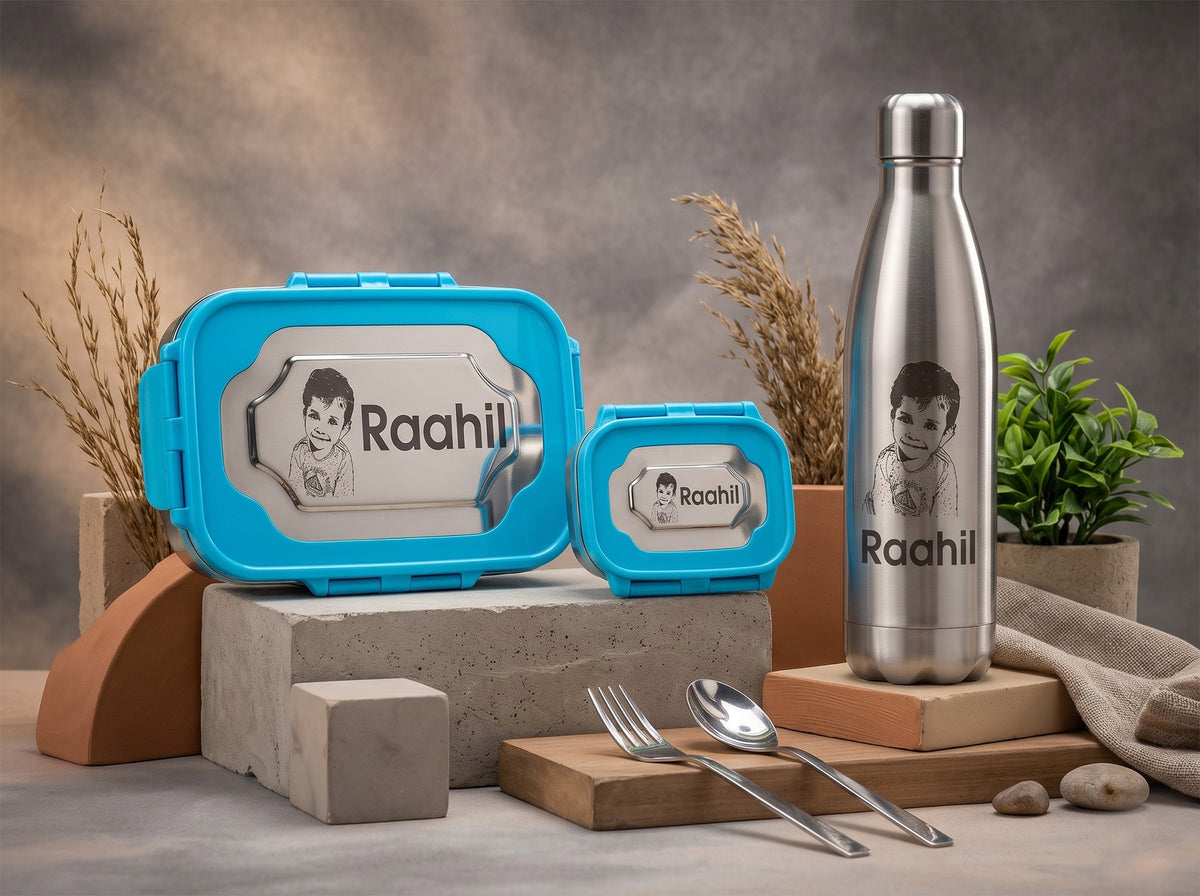 AA77 personalised lunchbox and engraved 500ml bottle combo – blue design