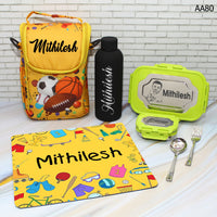 AA80 personalised kids lunchbox, snack bag, engraved bottle and table mat – design A
