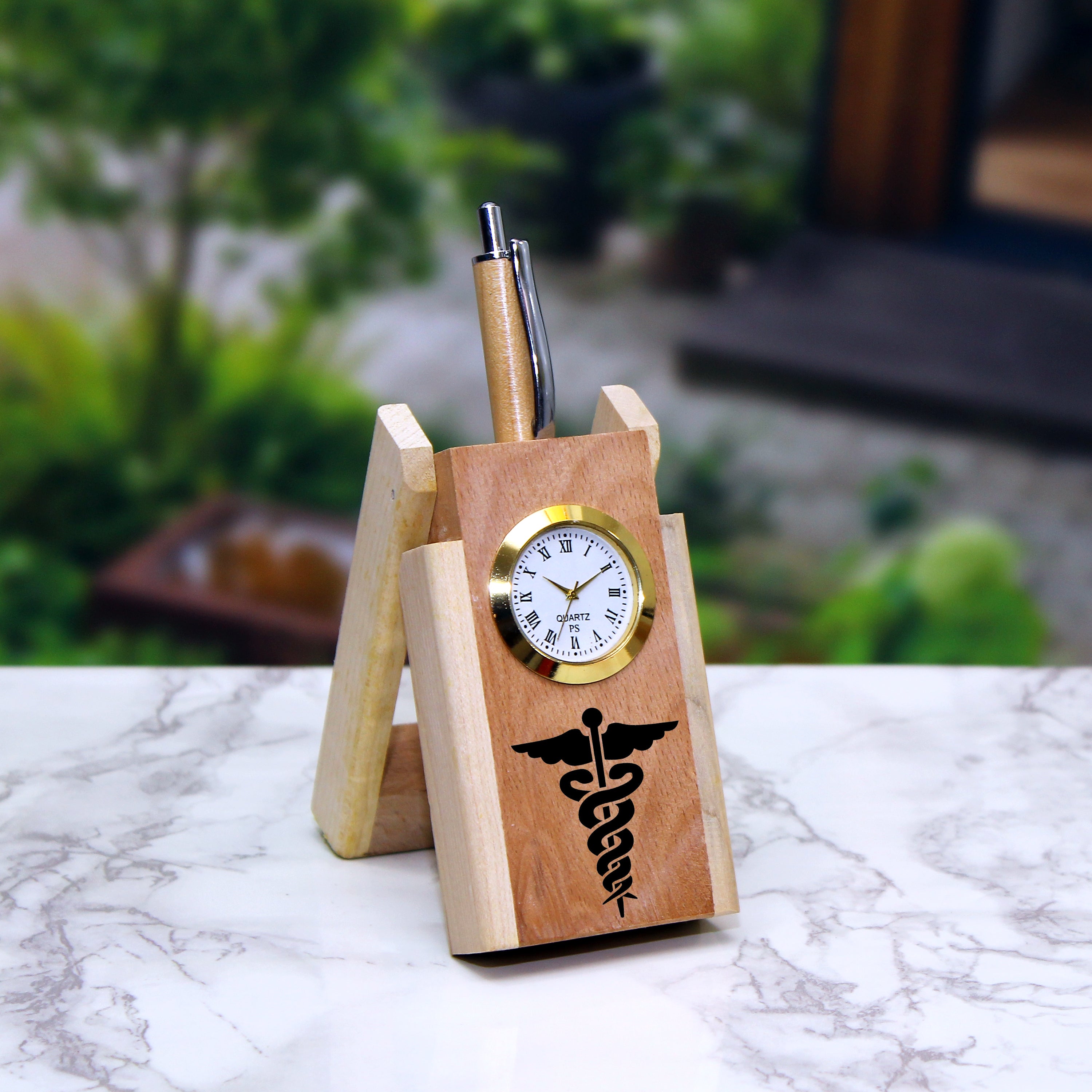 Personalized Wooden Pen Stand with Clock