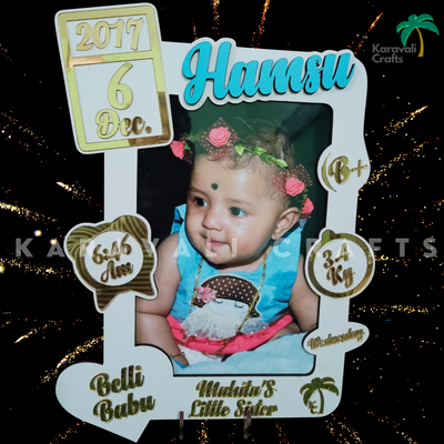 FIRST BABY WOODEN FRAME - MILKY WHITE THEME WITH BLUE NAME